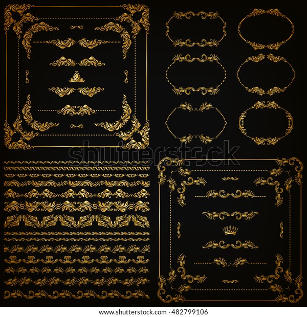 Set of gold decorative hand-drawn floral element,\
corner, seamless borders, frames, filigree dividers, crown on black\
background. Page, web site decoration in vintage style. Vector\
illustration EPS 10