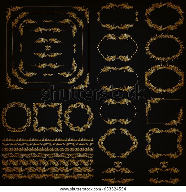 Set of gold decorative hand-drawn floral element,\
corner, borders, frames, filigree dividers, crown on background.\
Page, web site decoration in vintage style. Vector illustration EPS\
10