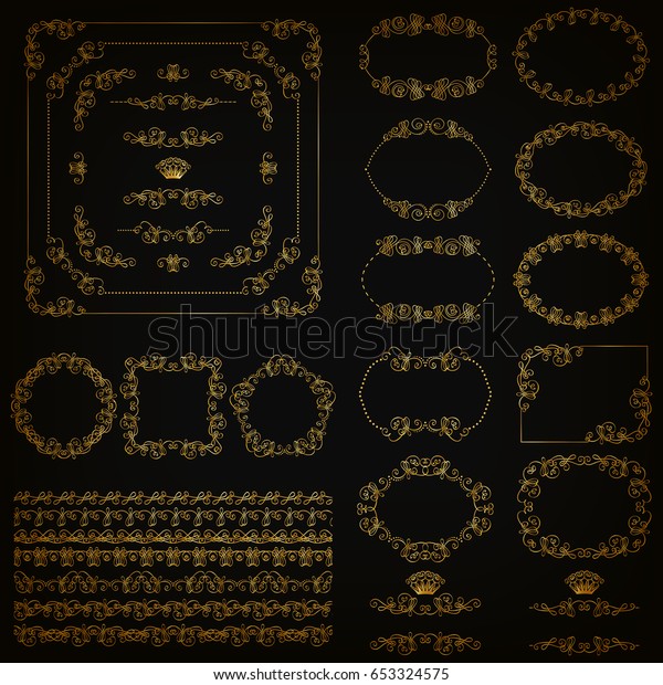 Set of gold decorative hand-drawn floral element,\
corner, borders, frames, filigree dividers, crown on background.\
Page, web site decoration in vintage style. Vector illustration EPS\
10