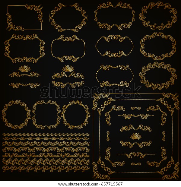 Set of gold decorative hand-drawn floral element,\
corner, seamless borders, frames, filigree dividers, crown on black\
background. Page, web site decoration in vintage style. Vector\
illustration EPS 10