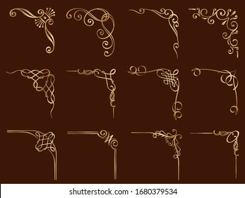 Set Of Gold Decorative Vector Corner Framers Isolated On A Dark Background.