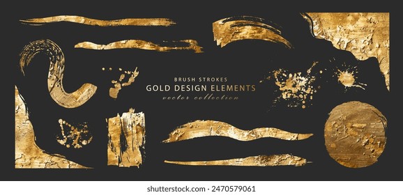 Set of gold design elements. Brush strokes, frames, splatters isolated on black background. Gold leaf or acrylic paint. Vector collection