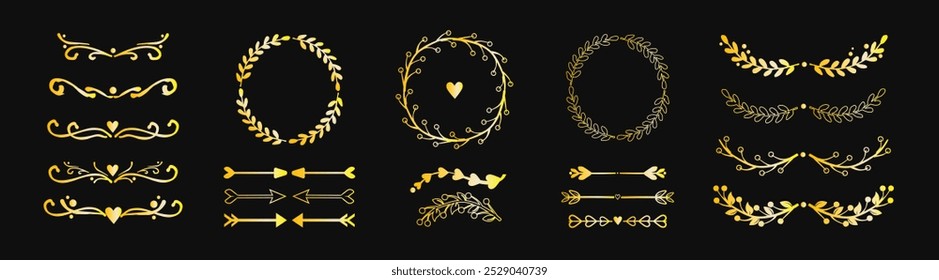 Conjunto de Elementos de diseño de oro. Corona, remolinos, divisor, hojas, adornado, premio, flechas. Ilustración vectorial.