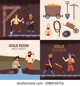 Set Of Gold Digger Scenes, Prospector Men Mining And Panning For Gold - Flat Vector Illustration. Wild West Characters In Vintage Clothes Looking For Gold Underground In Mine.