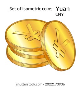 Set Of Gold Digital Coins In Stack Yuan CNY In Isometric View Isolated On White. Vector Illustration.