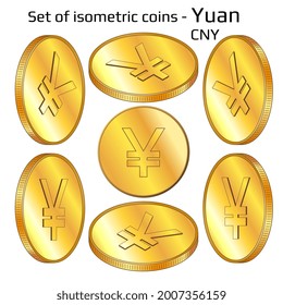 Set Of Gold Digital Coins Yuan CNY In Isometric View Isolated On White. Vector Illustration.