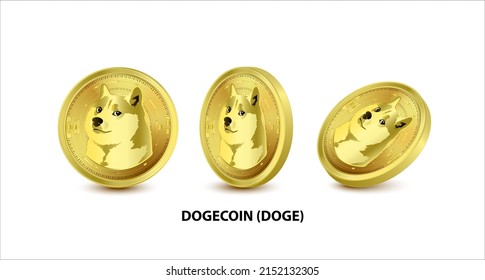 Set of Gold Dogecoin (DOGE) Vector illustration. Digital currency. Cryptocurrency. Golden coins with bitcoin, ripple and ethereum symbol isolated on white background. 3D isometric Physical coins. svg