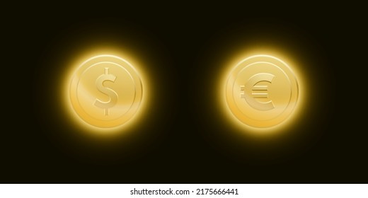 Set of gold dollar and euro coins with a bright glow on dark background. Vector illustration