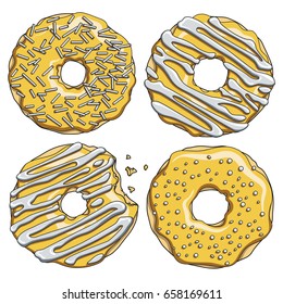Set of gold donuts with silver cream. Isolated objects on white background.