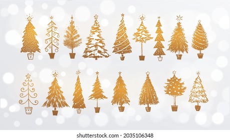 Set  of gold doodle christmas trees on white glowing background