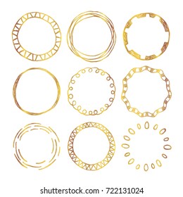Set of gold doodle hand drawn circle frames.