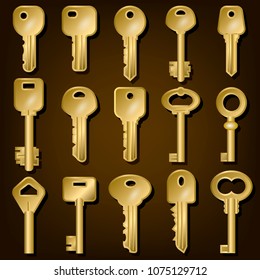 Set of gold door keys of different shapes. Vector illustration.