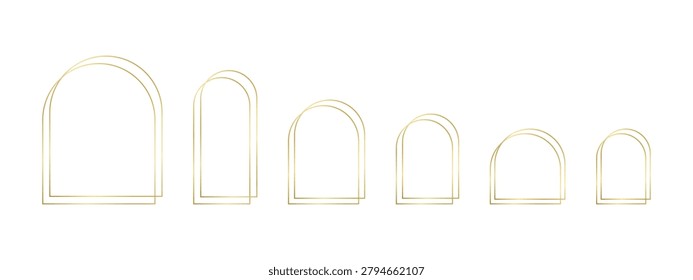 Set of gold double arch frames isolated on white background. Golden archway shapes in art deco or bohemian style. Design elements for wedding or greeting card templates. Vector illustration.
