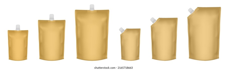 Set of  gold doypack packaging with screw cap. Blank foil drink bags pouches with spout. Ketchup, mayonnaise or mustard. Stand up doy pack mock up set. Cosmetic refill