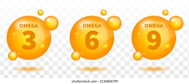 Set of gold drops icons Omega Three, Six And Nine. Polyunsaturated fatty Omega-3, Omega-6, Omega-9. Natural Fish, Organic Vitamin, Nutrient. Omega Fatty Acid, EPA, DHA. Vitamin drop pill capsule
