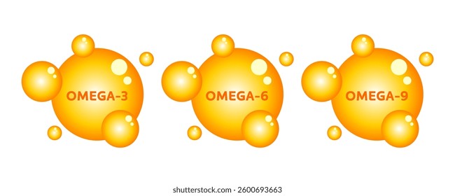 Set of gold drops icons Omega-3, Omega-6, Omega-9. Polyunsaturated fatty Omega Three, Six And Nine. Natural Fish, Organic Vitamin, Nutrient. Omega Fatty Acid, EPA, DHA