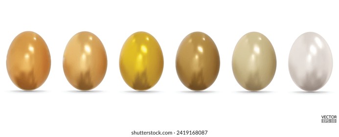 Set of gold easter eggs collection on white background. 3D Vector isolated illustration. For web, banners, greeting cards, posters, wrapping