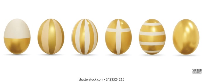 Set of gold easter eggs with pattern collection on white background. 3D Vector isolated illustration. For web, banners, greeting cards, posters, wrapping
