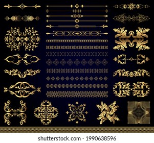 Set of gold elements decor of holidays and weddings, vector illustrations decoration of books, magazines and backgrounds