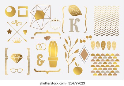 Set Of Gold Elements For Design.Brackets, Branch, Oats, Rings, Cactus Crown, Diamond, Wave Ligature, Leaves, Letter, Wave, Star, Glasses And Others. White Background.