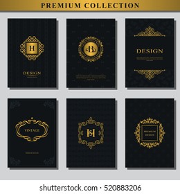 Set of gold emblems. Collection of design elements, labels, icon, frames, for packaging, design of luxury products. Logo design for business cards, brochures, booklets, flyers. Vector illustration