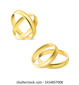 Set of gold engagement rings isolated on white background, jewelry for married couple, wedding decoration elements, vector illustration