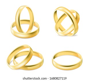 Conjunto de anillos de compromiso de oro aislados sobre fondo blanco, joyas para pareja casada, elementos decorativos de bodas, ilustración vectorial