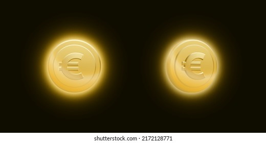 Set of gold euro coins with a bright glow on dark background. Vector illustration