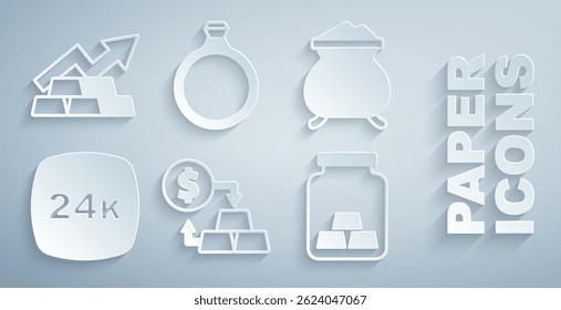 Set Gold exchange money, Molten gold being poured, bars 24k, ring and Growth arrow with icon. Vector