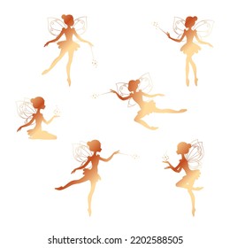 Set of gold fairy silhouettes. Illustrations of ballet dancing fairies in the cartoon style isolated on a white background. Vector 10 EPS.