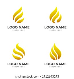 Set Gold Fire Logo Concept With 3d Gold Color Style