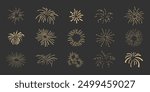 Set gold fireworks, firecrackers golden burst, rays festive doodle sparkle lights isolated on dark background.Celebration, Party Icon, Anniversary, New Year Eve, independence