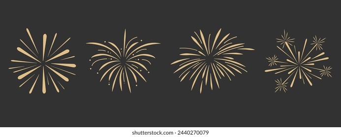 Set gold fireworks, firecrackers golden burst, rays festive doodle sparkle lights isolated on dark background.Celebration, Party Icon, Anniversary, New Year Eve, independence