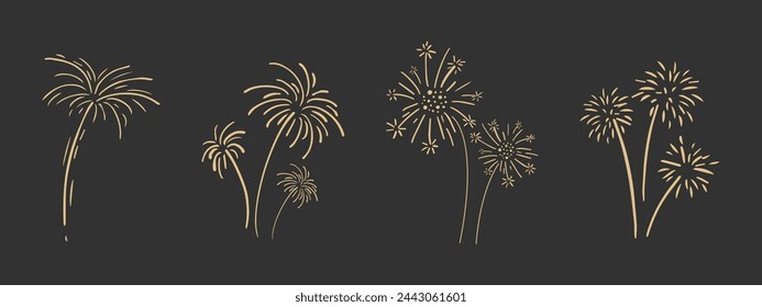 Conjunto de fuegos artificiales de oro, petardos explosión de oro, rayos de fiesta doodle luces brillantes aislados en fondo oscuro.Celebración, icono de la fiesta, aniversario, Nochevieja, independencia