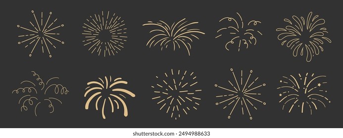 Set Gold Feuerwerk, Feuerwerkskörper goldene Burst, Strahlen festliche Doodle funkeln Lichter isoliert auf dunklem Hintergrund. Feier, Party-Ikone, Jahrestag, Neues Jahr Abend, Unabhängigkeit