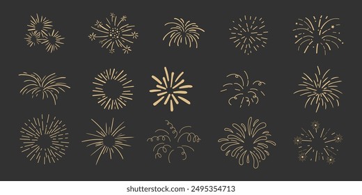 Set gold fireworks, firecrackers golden burst, rays festive doodle sparkle lights isolated on dark background.Celebration, Party Icon, Anniversary, New Year Eve, independence