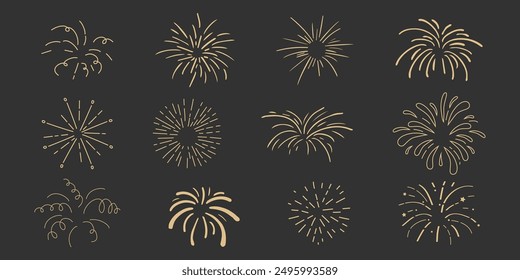 Conjunto de fuegos artificiales de oro, petardos estallido de oro, rayos festivos doodle destellos luces aisladas sobre fondo oscuro. Celebración, fiesta icono, aniversario, Nueva víspera del año, independencia