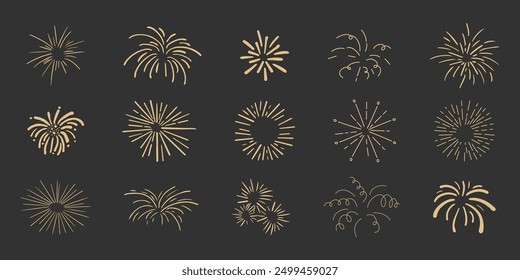 Set gold fireworks, firecrackers golden burst, rays festive doodle sparkle lights isolated on dark background.Celebration, Party Icon, Anniversary, New Year Eve, independence