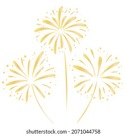 Set of gold fireworks, hand drawing. Festive salute, firecracker cracker. Decoration for new year and christmas, vector illustration.