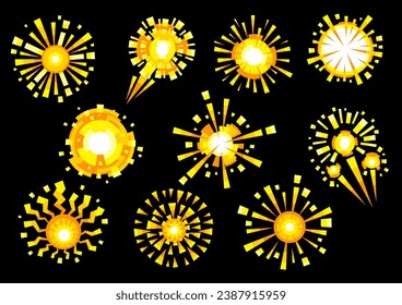 Set of gold fireworks. Salute image for holiday design.
