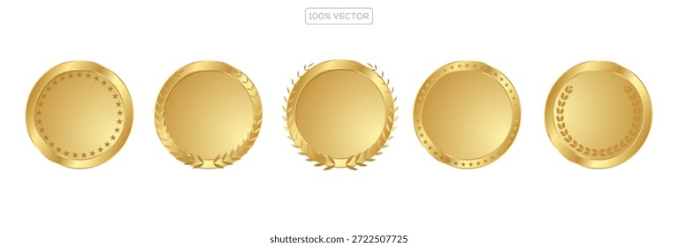 Conjunto de medallas de oro de primer lugar con número 1 y coronas de laurel. Insignias doradas brillantes para el mejor ranking, premio del ganador