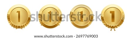 Set of gold first place medals with number 1 and laurel wreaths. Shiny golden badges for top ranking, winner award, competition prize, or achievement certificate. Realistic vector illustration.