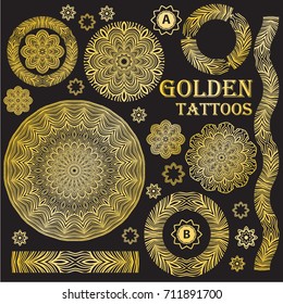 A set of gold flash tattoos. Round lace patterns. Long patterns. Vector graphics. On a black background.
