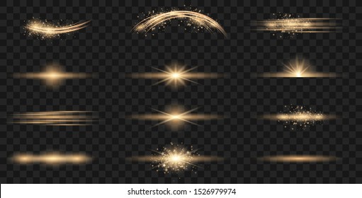 Set of gold flashes, lights and sparks. Abstract golden lights isolated on a transparent background.  Glowing lines. Vector blur in the light of radiance.
