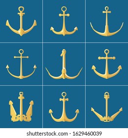 Set of gold flat anchors isolated on a blue background, silhouette marine equipment, travel and tourism concept, vector illustration