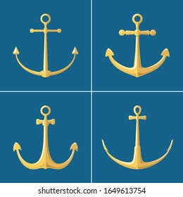 Set of gold flat anchors isolated on a blue background, silhouette marine equipment, travel and tourism concept, vector illustration