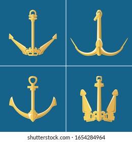 Set of gold flat anchors isolated on a blue background, silhouette marine equipment, travel and tourism concept, vector illustration
