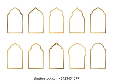 Set of gold flat arab windows frame silhouettes. Vector illustration. Ramadan Kareem labels for invitation card template. Arabic traditional architecture icons.