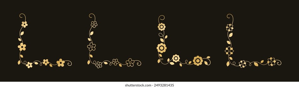 Set of gold floral corner borders. Golden spring flower page decoration vector illustration.