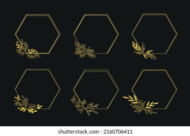 Set Of Gold Floral Frame. Luxury Hexagon Frame Border Floral Ornament For Background, Wedding Invitation, Thank You Card, Logo, Greeting Card.